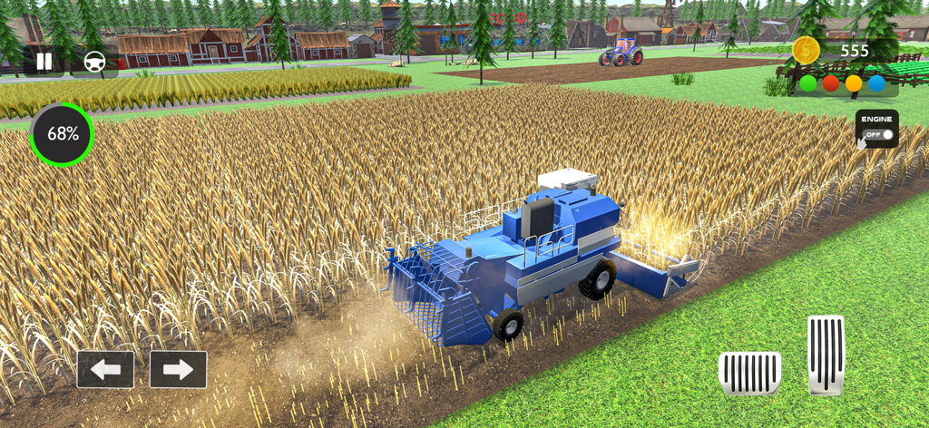 Farm Simulator Tractor Games - Una cosechadora azul cosechando cultivos de trigo en un juego de simulador de granja