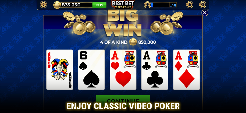 Best Bet Video Poker app showing a big win screen with four of a kind aces and a joker card.