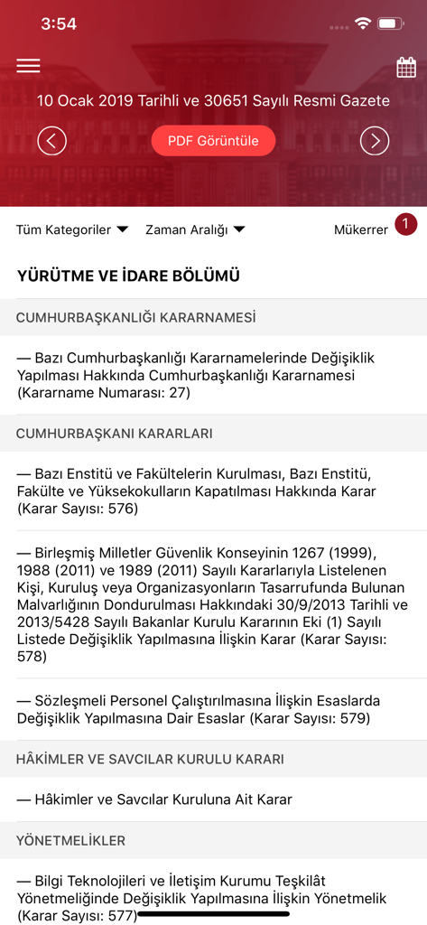 T.C. Resmi Gazete - The interface of the Turkish Official Gazette app listing daily executive orders and laws.