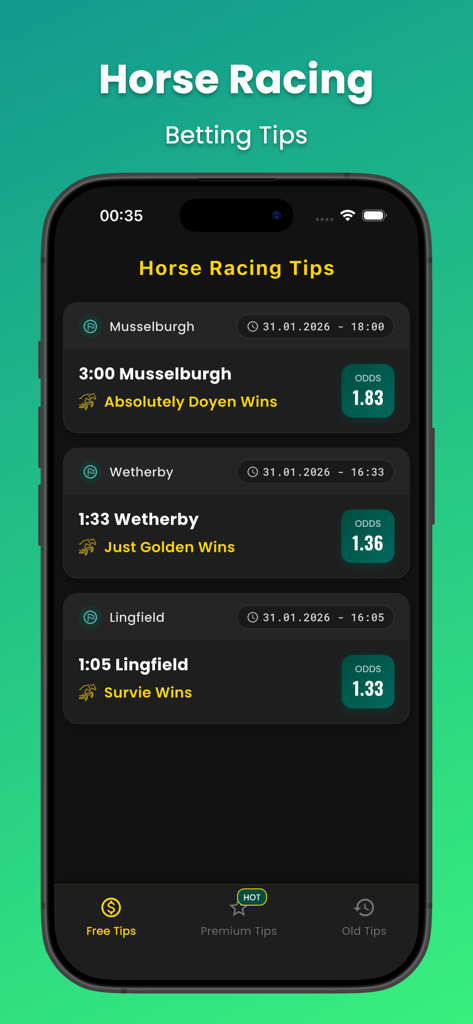 Horse Racing Betting Tips - Mobile app interface displaying free horse racing betting tips with odds for multiple races.