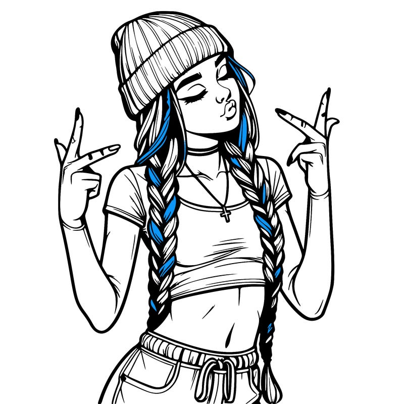 realistic teenage girl with braids and a beanie and crop top doing 🫶🏼