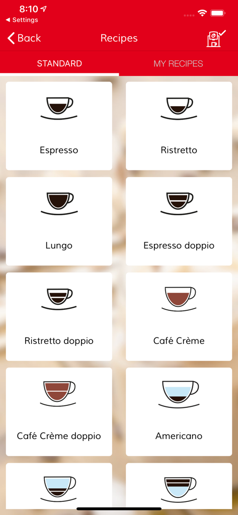 Melitta® Connect - Standard-Kaffeerezeptmenü in der Melitta Connect App mit Optionen wie Espresso und Americano