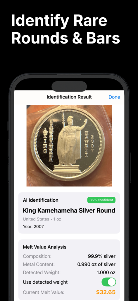 Coin Value Identifier - Risultato dell'identificazione di una moneta d'argento King Kamehameha che mostra il valore di fusione e la composizione