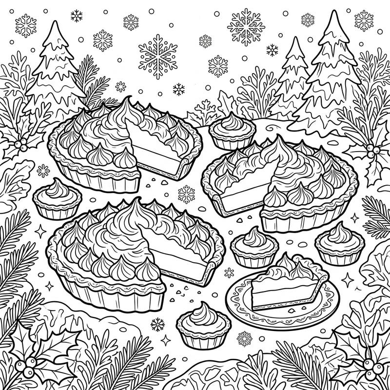 Explore a delightful coloring page featuring tangy lemon meringue pies nestled within a festive winter wonderland scene. This charming design offers a unique blend of sweet treats and snowy beauty, perfect for a cozy creative session.