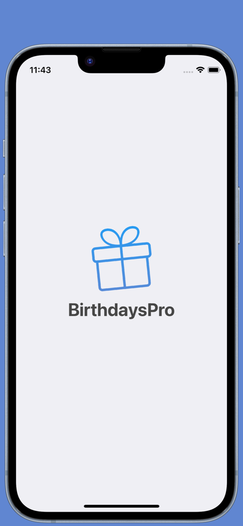 BirthdaysPro HD splash screen featuring a blue gift box icon and the app name on a white background