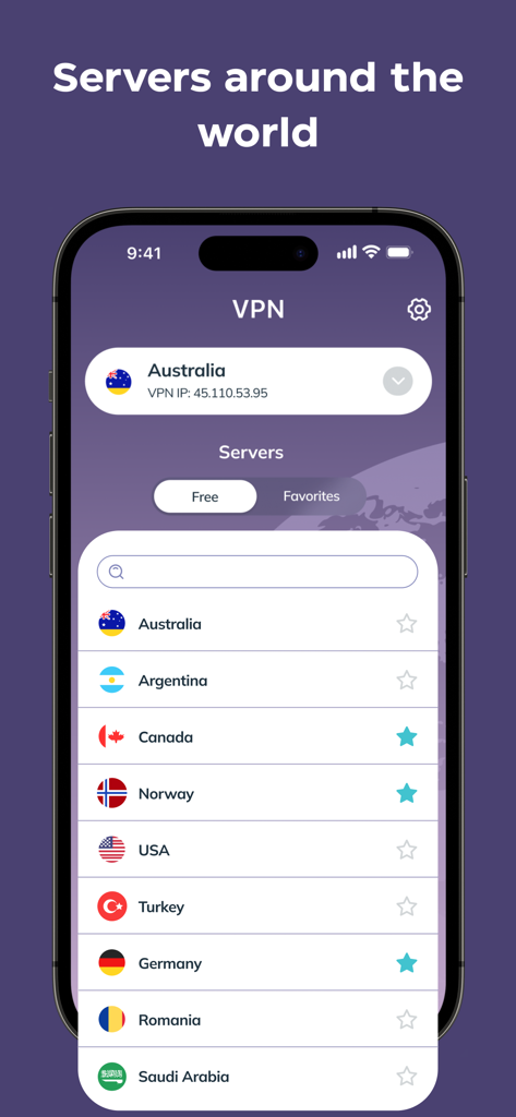Secure VPN ・ Private Internet - Pantalla de selección de servidores de la aplicación VPN Segura mostrando una lista de ubicaciones de servidores globales, incluyendo EE. UU. y Canadá en un iPhone