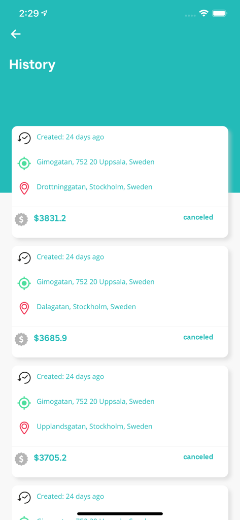 Tider Taxi - La pantalla de historial de viajes de la aplicación Tider Taxi que muestra los detalles de los viajes anteriores, ubicaciones y estados