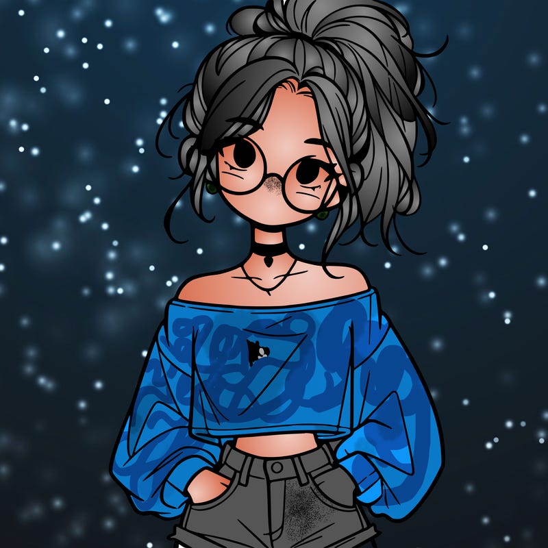 girl with a messy ponytail glasses a baggy crop top and jean shorts