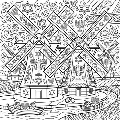 Immerse yourself in a delightful blend of cultures with this unique Hanukkah coloring page, showcasing iconic Dutch windmills adorned with festive Jewish symbols. This intricate design offers a charming way to celebrate the Festival of Lights, combining tradition with a touch of whimsy.