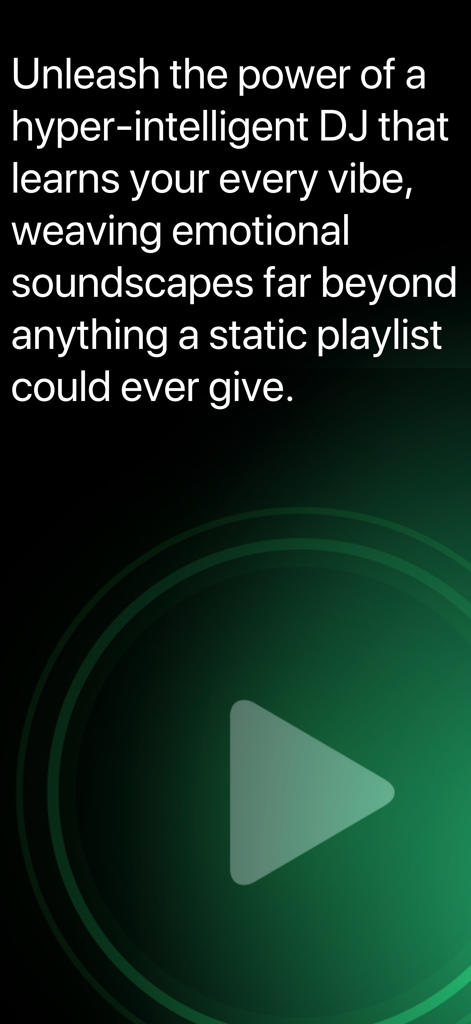Marketing screen for the DJ app featuring a large play button and text about AI driven music curation.