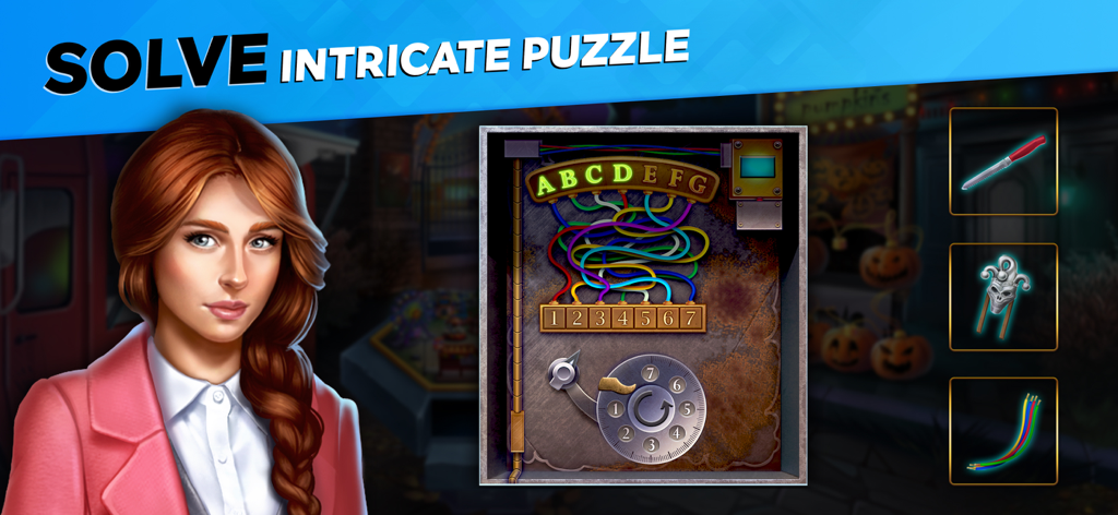 Puzzle Adventure Mysteries - ハロウィンミステリーの設定で、複雑なワイヤーとダイヤルパズルの隣にいる女性探偵キャラクター。