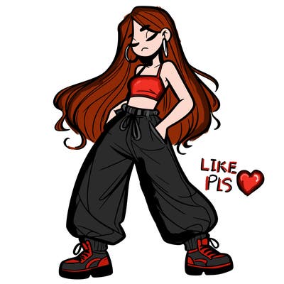 girl in baggy pants crop top and long hair