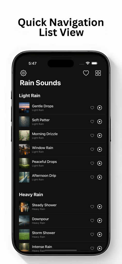 Rain Sounds・ - Vista de lista minimalista de sonidos de lluvia para dormir y concentrarse en iPhone