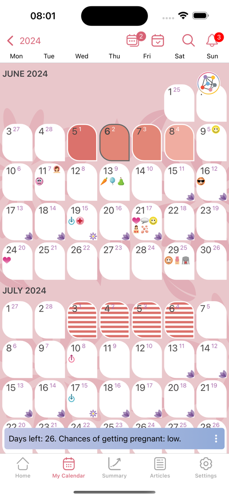 Calendar view of WomanLog Pro app showing period tracking and fertility chances.