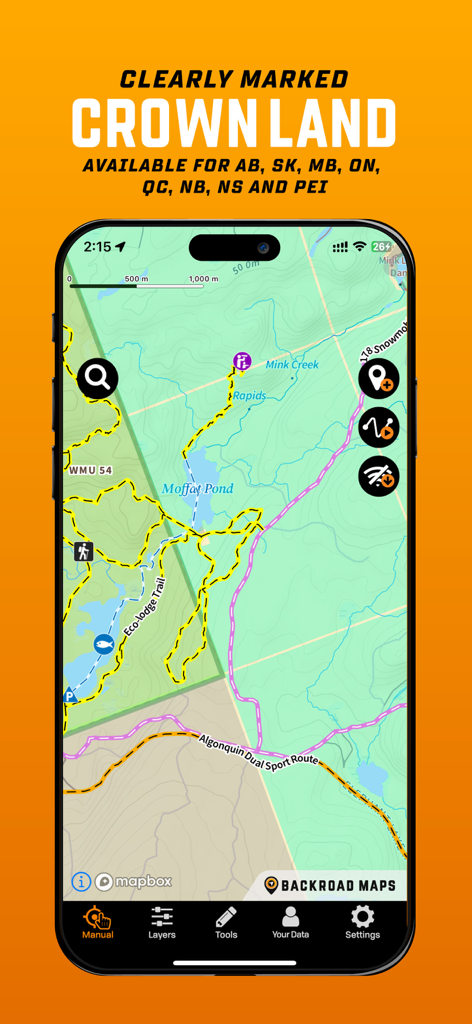 La aplicación BRMB Maps muestra mapeo topográfico con tierras de la Corona y senderos del campo claramente marcados.