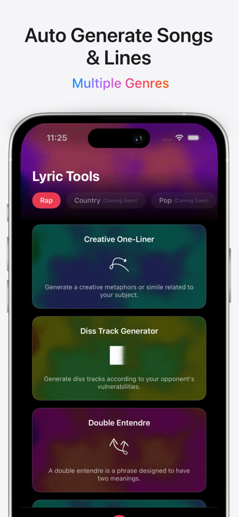 Captura de tela do aplicativo Fye AI mostrando ferramentas de composição como one-liners criativas e gerador de diss track
