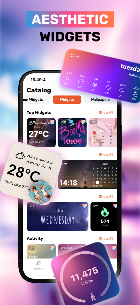 Themes - Icon Changer + Widget - A gallery of aesthetic widgets for iOS including weather, clock, and activity trackers