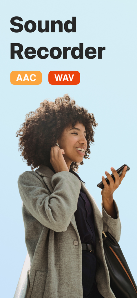 Voice Recorder - Dictaphone - A professional woman using the Sound Recorder app to capture high quality audio in AAC and WAV formats.