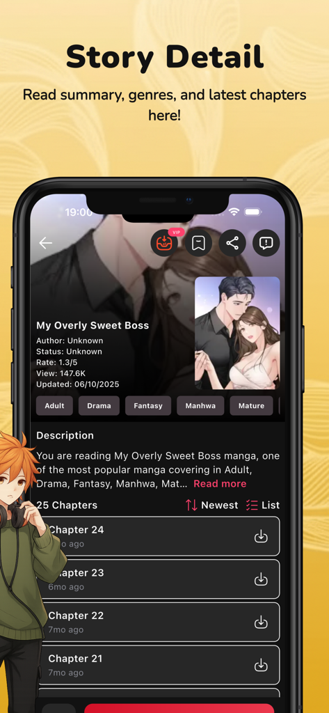 Interface of the Manga Reader app showing story details, description, and chapter list for a manga title