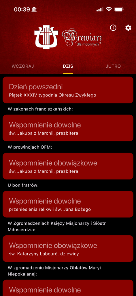 Brewiarz - Screenshot of the Brewiarz app showing the daily liturgical calendar and memorial services in Polish