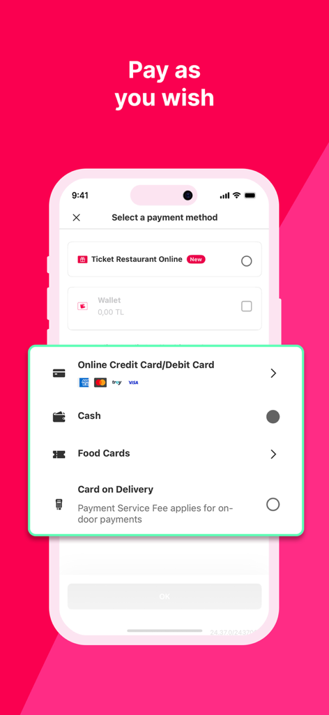 Yemeksepeti: Food & Grocery - Yemeksepeti app screen showing various payment options including card and cash
