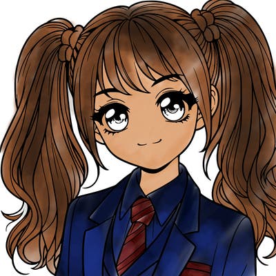 realistic girl with two ponytails and a suit on