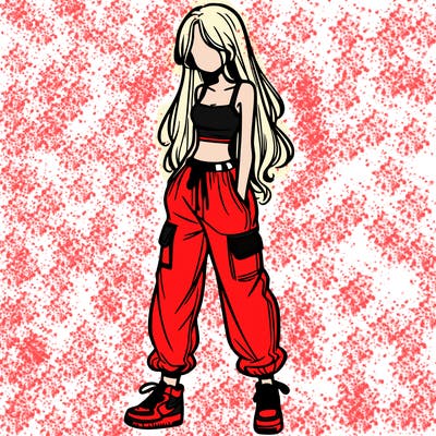 girl in baggy pants crop top and long hair