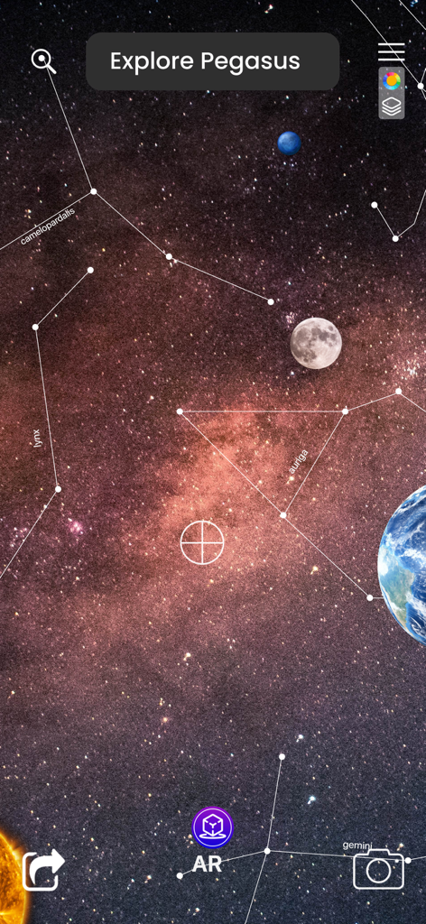 Star Gazer app interface showing constellations and planets in augmented reality