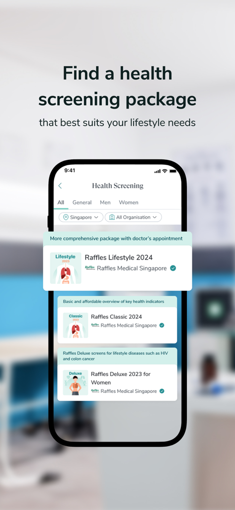 Raffles Connect - Mobile interface of Raffles Connect showing various health screening packages for lifestyle needs