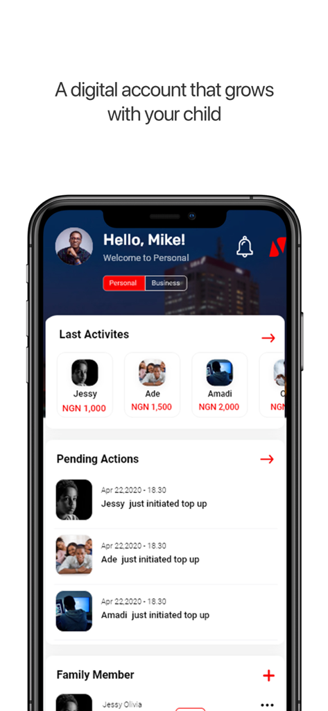 UBA Mobile Banking - UBA mobile banking app dashboard showing family member accounts and pending top up actions for children