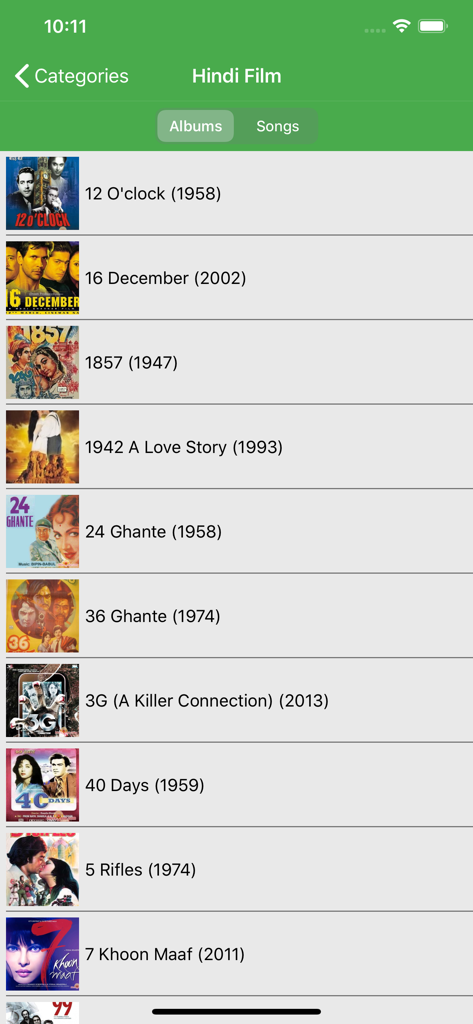 MeraGana Karaoke - A list of Hindi film albums in the MeraGana Karaoke app showing movie titles and release years.
