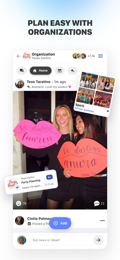 Interface of the Bounce app showing a social feed for an organization with event planning tools and photo sharing