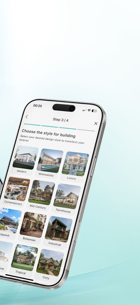 HomeVibe – AI Home Design - HomeVibe app screen displaying architectural style options including Modern, Minimalistic, and Farmhouse for home transformation.