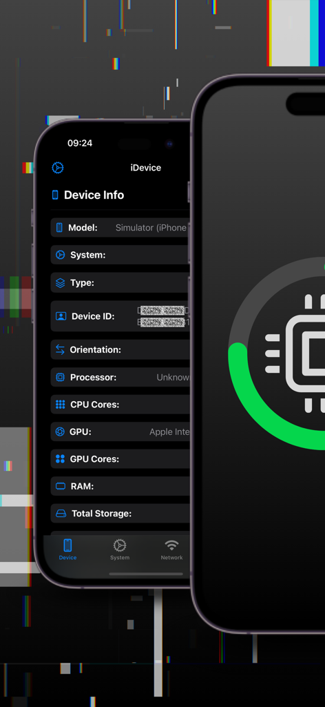 Interfaz de la aplicación iDevice que muestra información detallada del sistema del dispositivo y el rendimiento del hardware