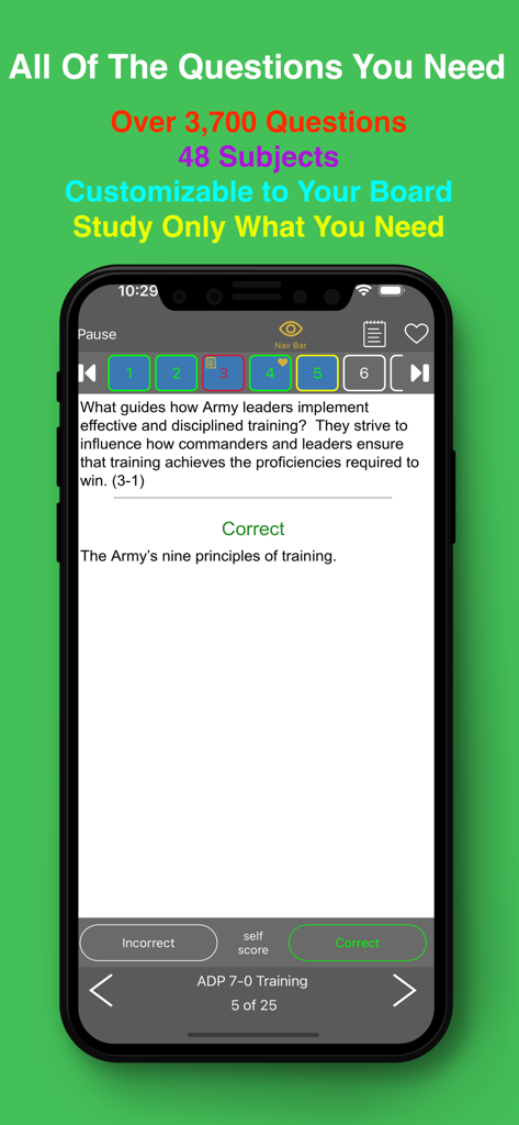Army promotion study guide app interface with quiz questions and self scoring buttons