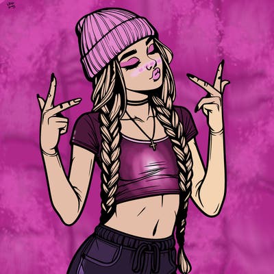 realistic teenage girl with braids and a beanie and crop top doing 🫶🏼