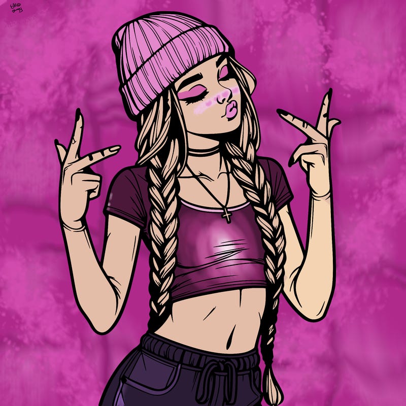 realistic teenage girl with braids and a beanie and crop top doing 🫶🏼