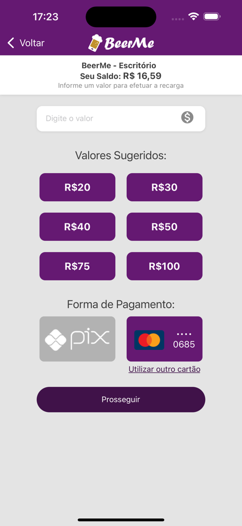 BeerMe - BeerMe app screen for recharging digital wallet credits with suggested amounts and payment methods.