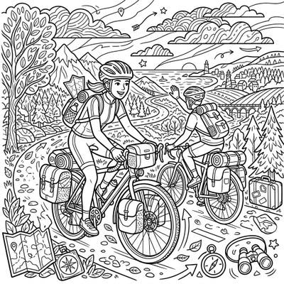 Join two eager cyclists on an exciting vacation journey, ready to explore picturesque landscapes. This detailed coloring page captures the joy of bike travel, from winding roads to charming coastal towns.