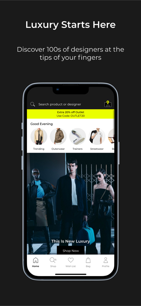 Flannels - Écran d'accueil de l'application mobile Flannels présentant des vêtements de créateurs de luxe et des catégories de streetwear