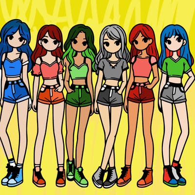 a group of girls wearing crop tops and shorts