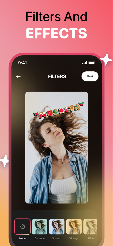 Boomerang - Video Loop Maker - Interface do aplicativo Boomerang mostrando uma mulher em uma foto com várias opções de filtro como Duotone e Vintage