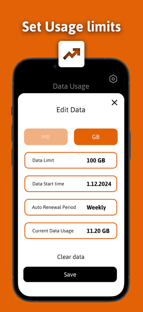 Pantalla del iPhone que muestra la interfaz Editar Datos para establecer un límite de datos de 100 GB y una renovación semanal