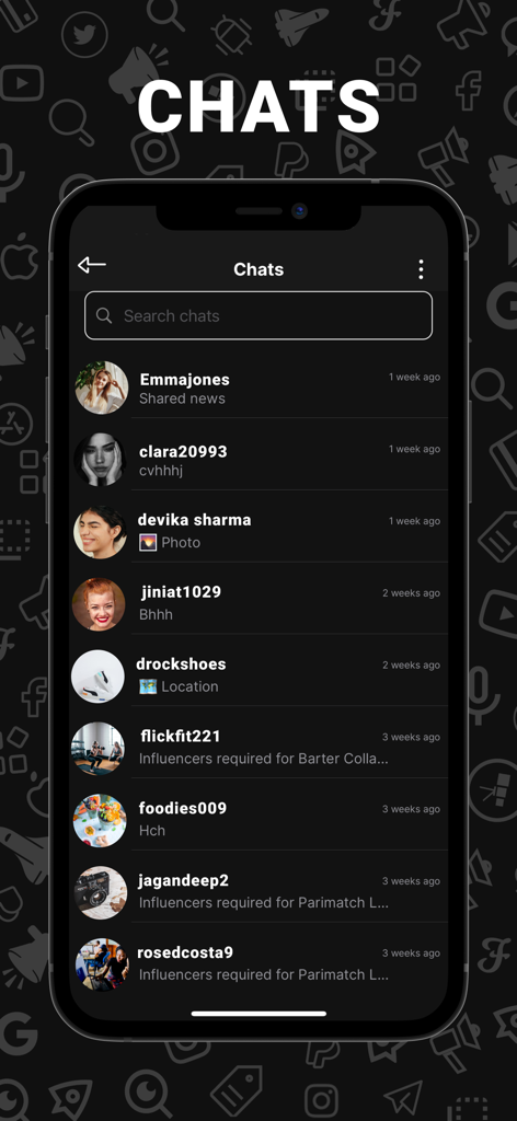 Flytant App Chat-Bildschirm, der eine Liste von Direktnachrichten zwischen Influencern und Marken anzeigt