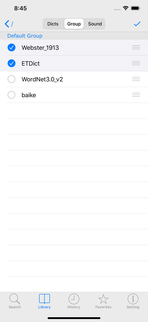 MDict AD library screen showing a list of imported dictionaries with Webster and ETDict selected in the group settings