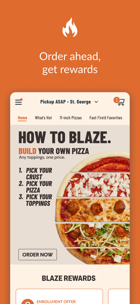 Blaze Pizza mobile app interface showing the build your own pizza menu and rewards program overview