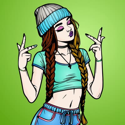 realistic teenage girl with braids and a beanie and crop top doing 🫶🏼