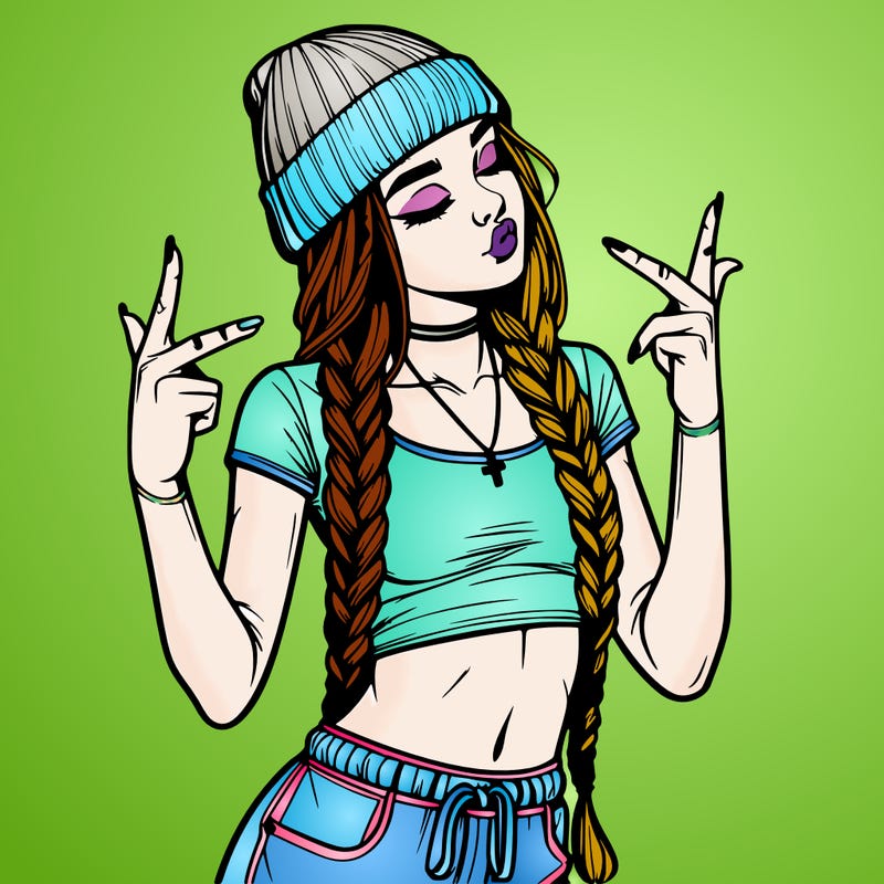 realistic teenage girl with braids and a beanie and crop top doing 🫶🏼