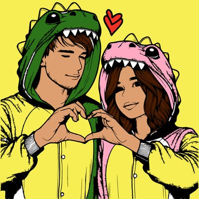 realistic couple wearing matching dinosaur onesies with heart hand gesture