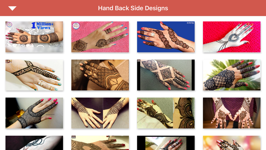A grid gallery showing various intricate henna designs for the back of the hand